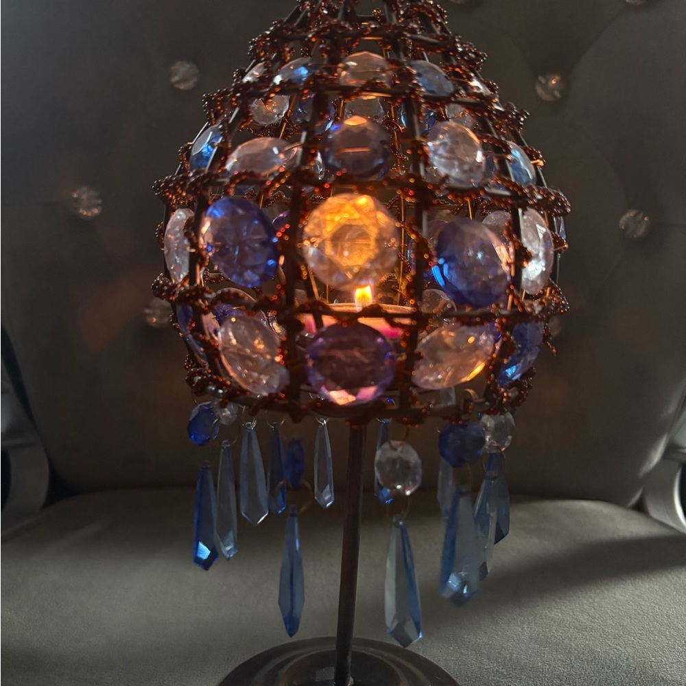 Vintage Beaded Table Lamp with Blue and Clear Accents